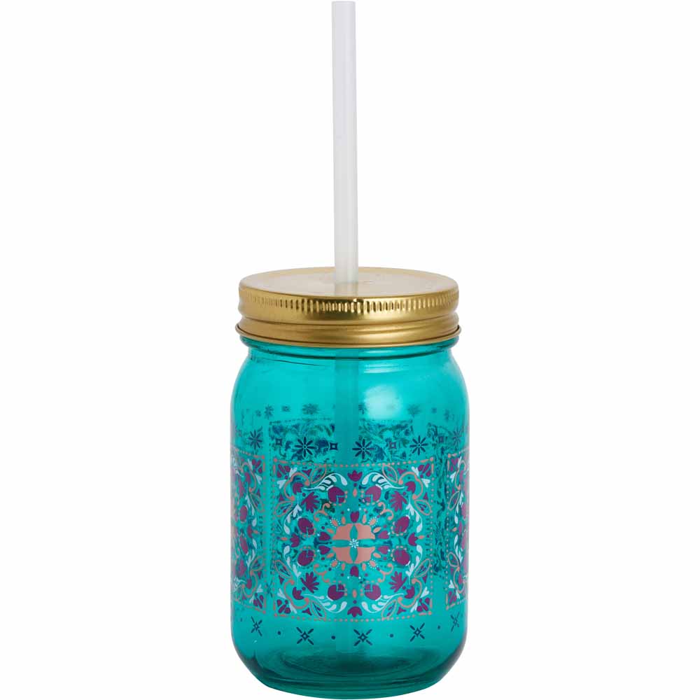 Wilko Glass Mason Jar Straw Tumbler in Turquoise Image 1
