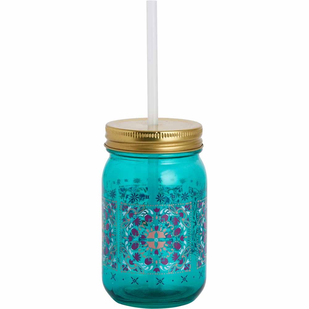 Wilko Glass Mason Jar Straw Tumbler in Turquoise Wilko
