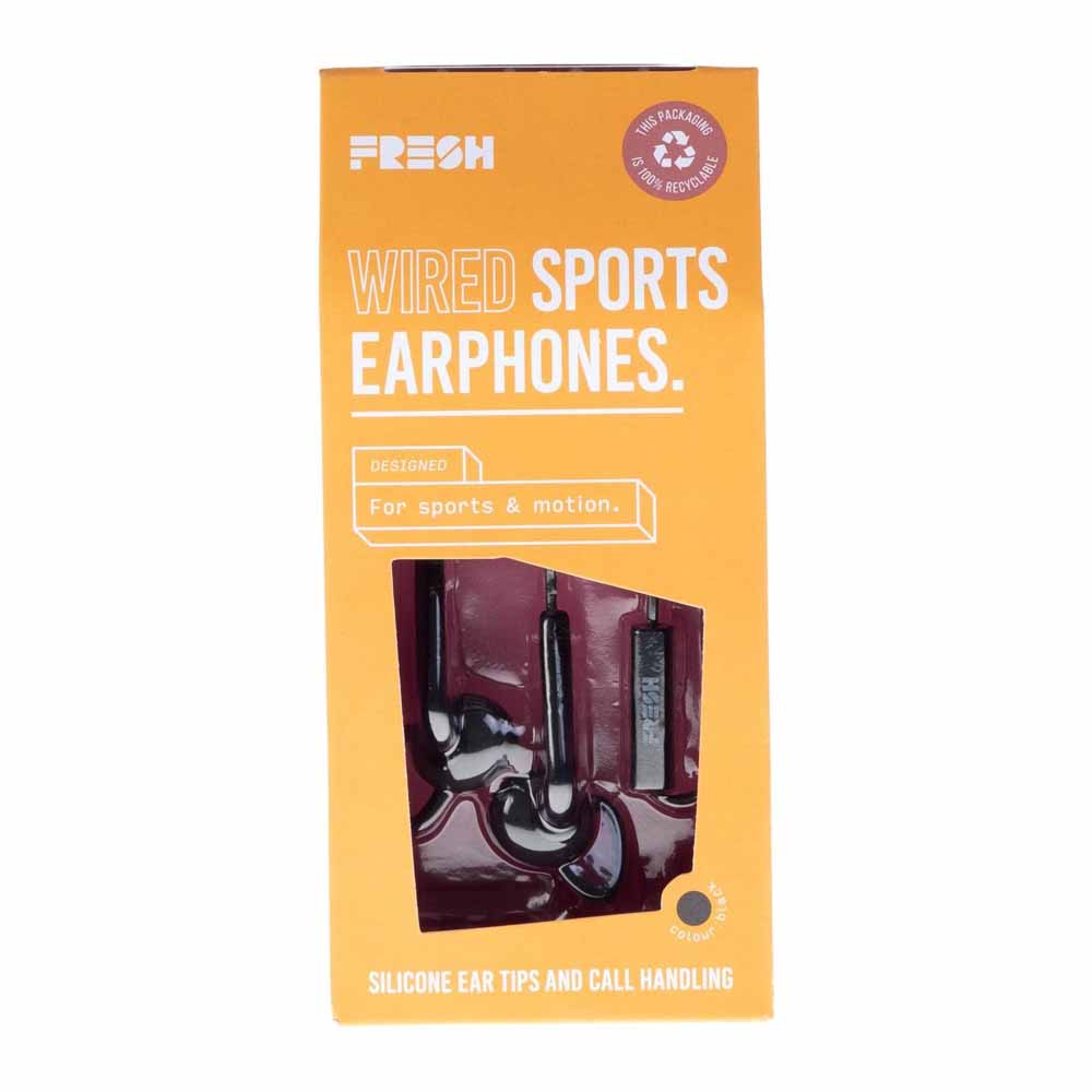 Fresh In-Ear Wired Sport Earphones Black  - wilko Grab a pair of black Fresh Sports Wired Earphones and enjoy unlimited listening to your favourite music whilst you exercise. Includes silicone ear tips and call handling. Fresh In-Ear Wired Sport Earphones Black