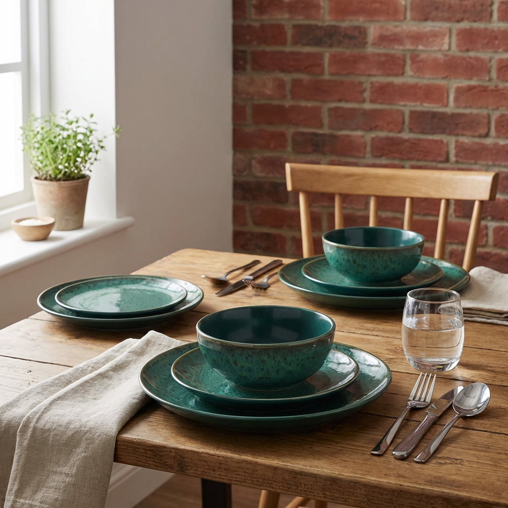 12 Piece Bottle Green Stoneware Dinner Set - Bottle Green Image 6