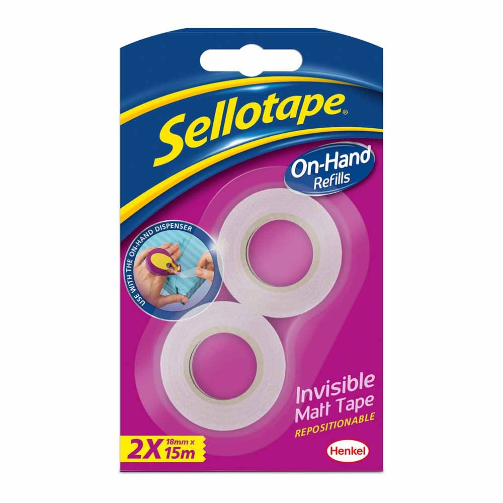 Sellotape Invisible Matt On-Hand Tape Dispenser Refill Rolls 18mm x 15m 2 Pack Image 1