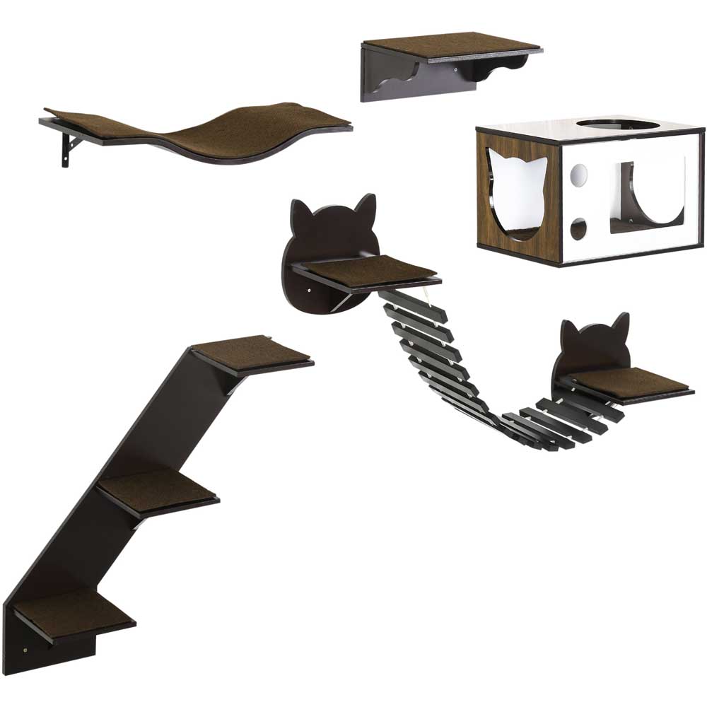 PawHut 5 Piece Cat Wall Shelves, Wall-Mounted Cat Tree for Indoor Use - Brown Image 5