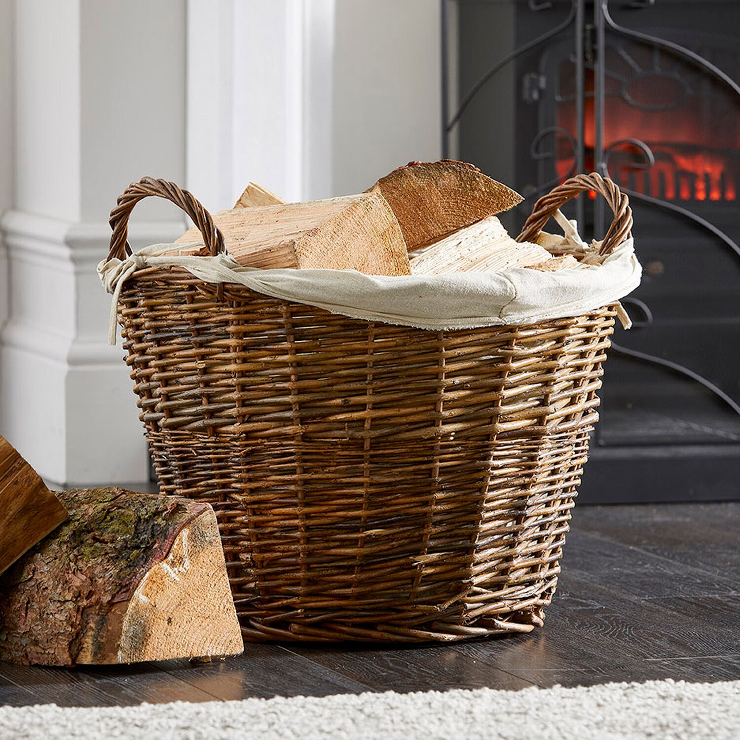 Wicker Log Basket With Linen Lining Brown Image 2