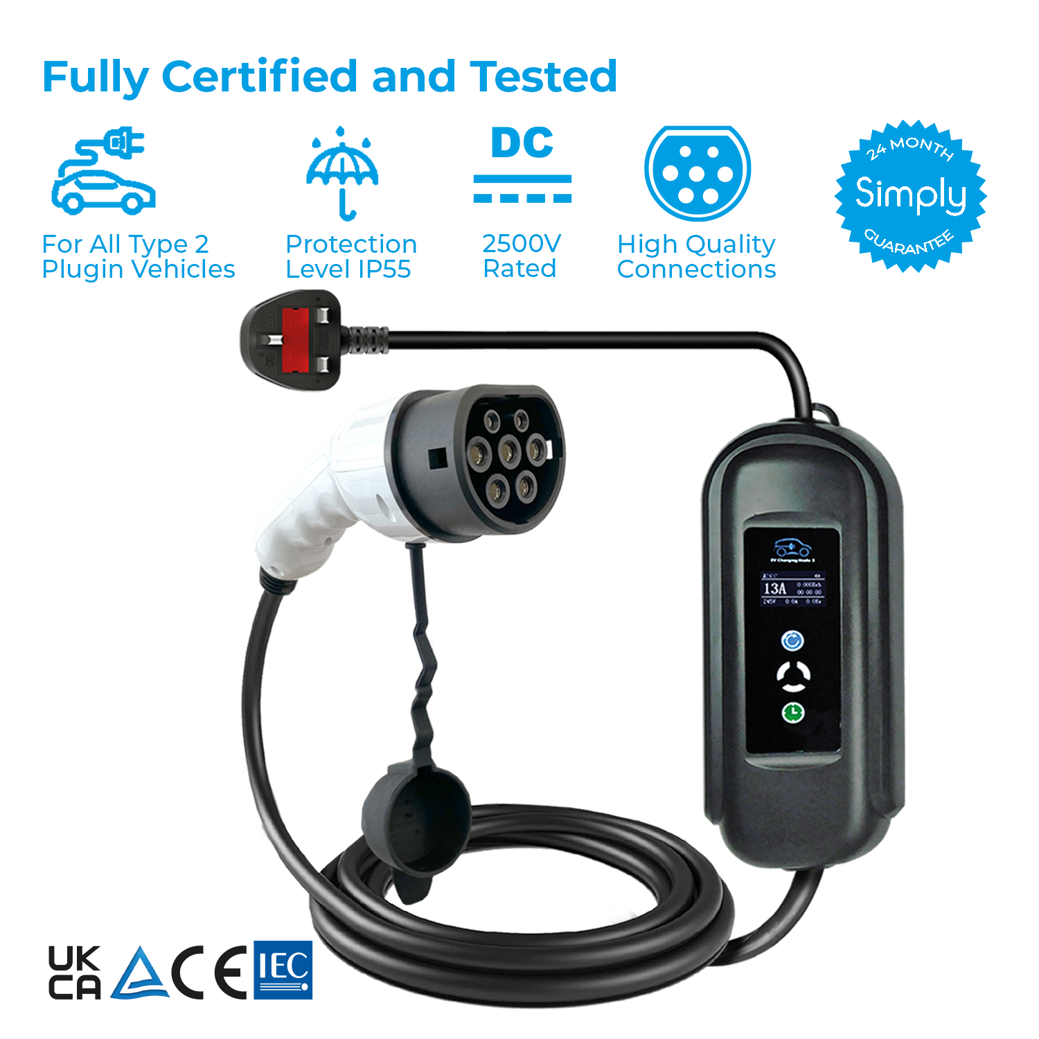 Adjustable Electric Vehicle Charging Cable - UK 3Pin to Type 2 Image 2