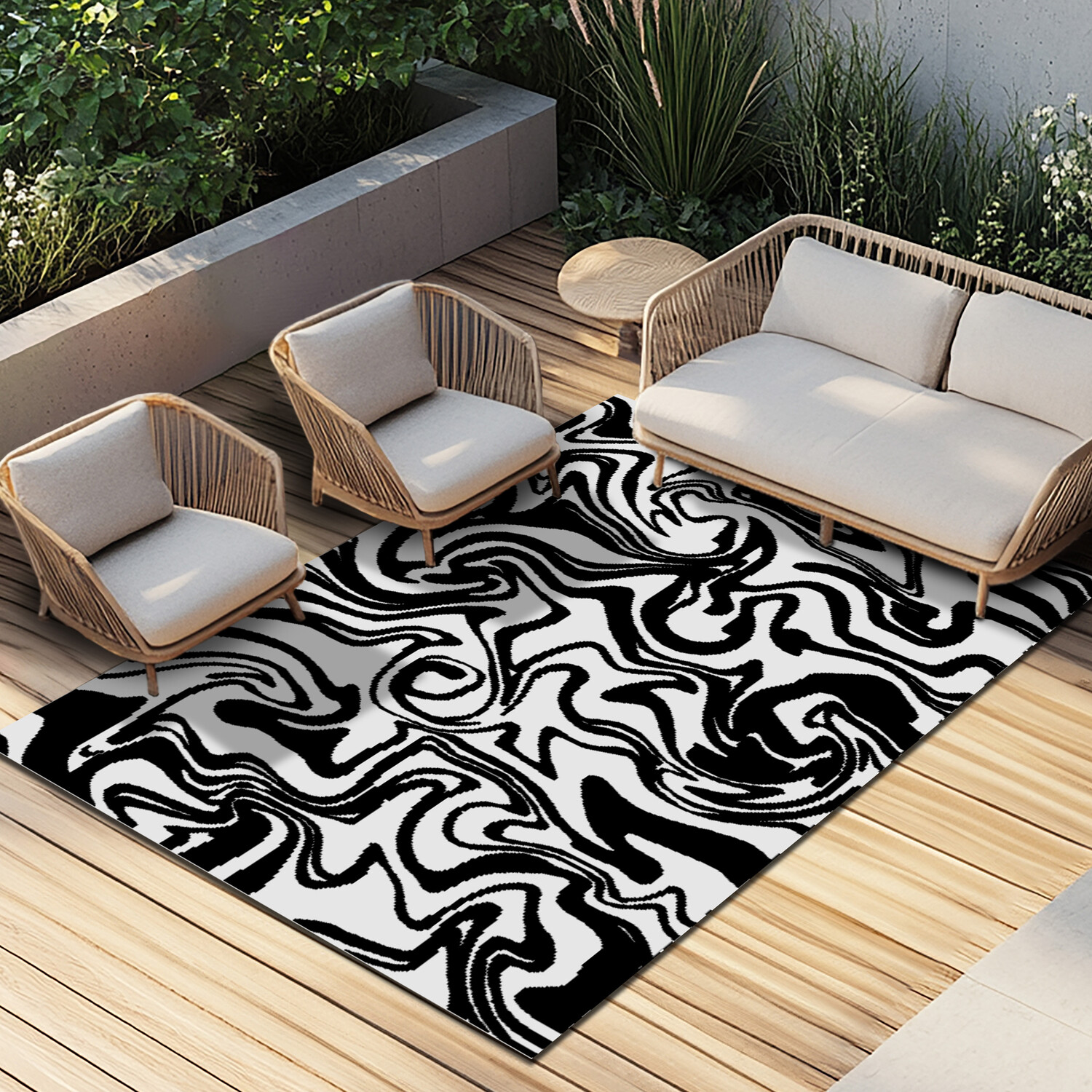 Liquid Marble Outdoor Rug - Black and White Image 2