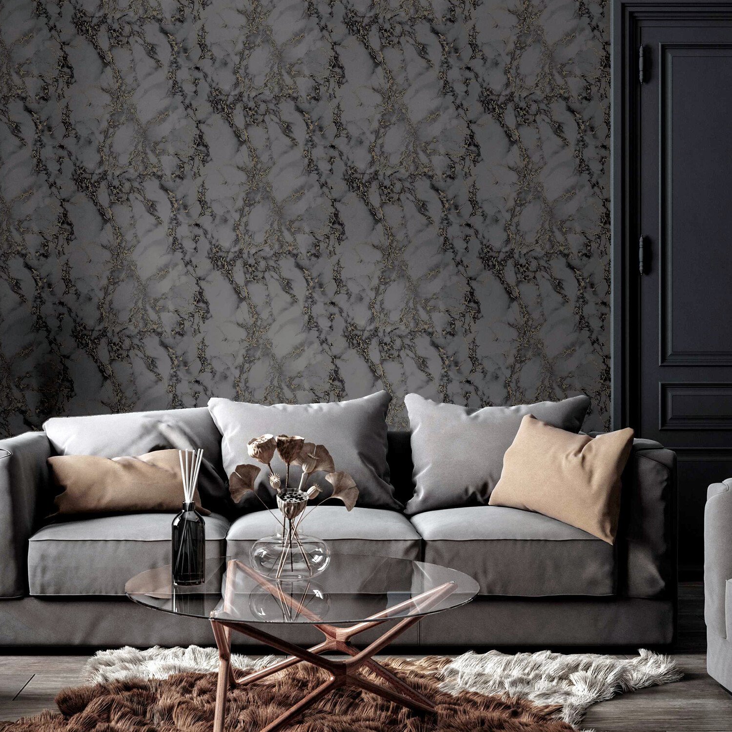 Carrara Marble Effect Wallpaper - Charcoal Image 4