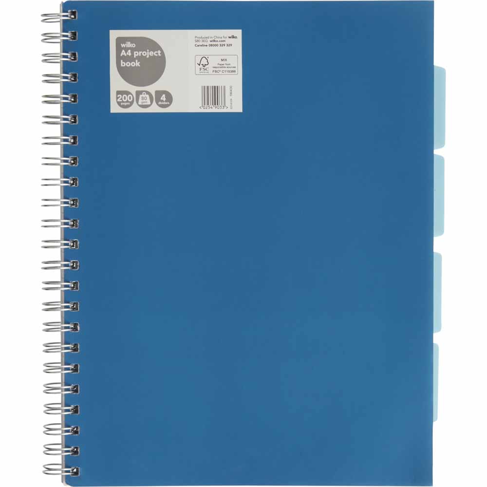 Wilko A4 Blue Project Book with Dividers 200 Pages 80gsm Image 1