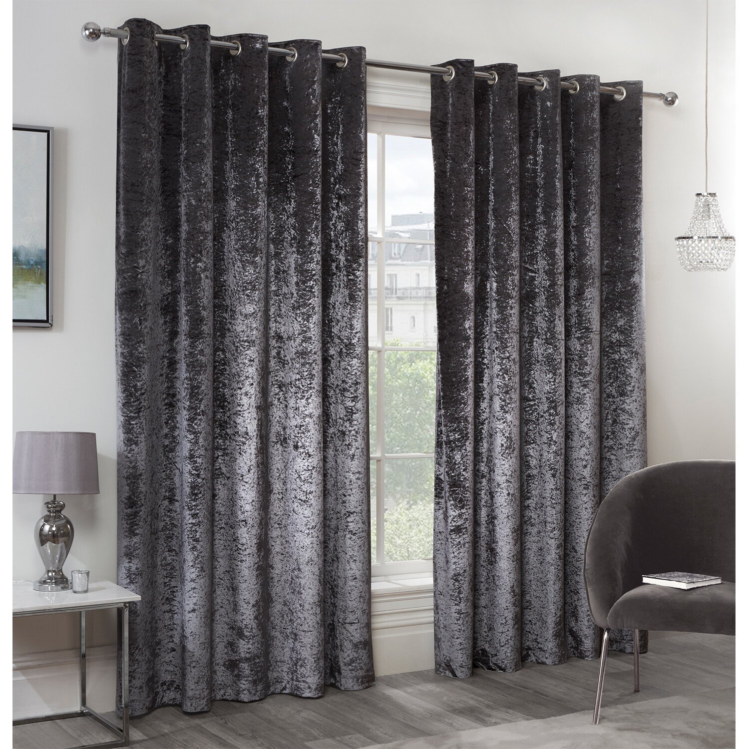 Divante Charcoal Crushed Velvet Eyelet Curtains 183 x 168cm Image 2