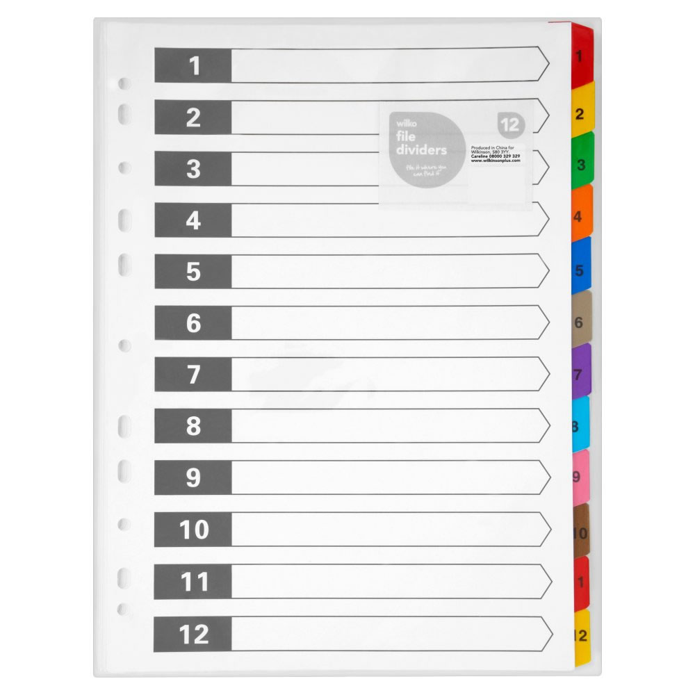 Wilko A4 Numbered File Dividers 12 pack Image