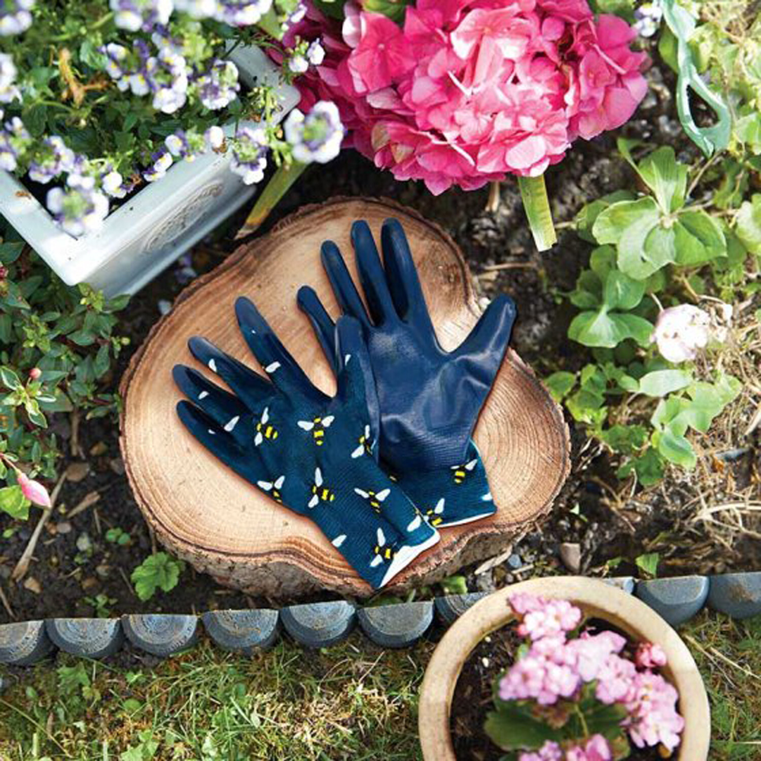 Bees Printed Seed and Weed Gloves M8 Blue Image