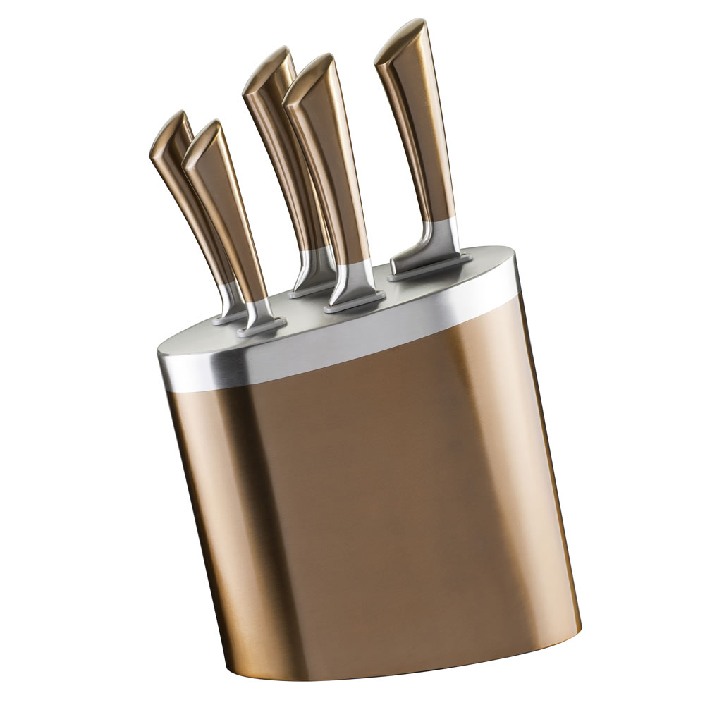 Wilko Copper Effect Knife Block with 5 Knives Image 1