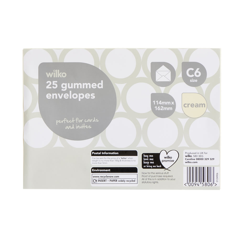 Wilko Cream Gummed Envelopes C6 25pk Wilko