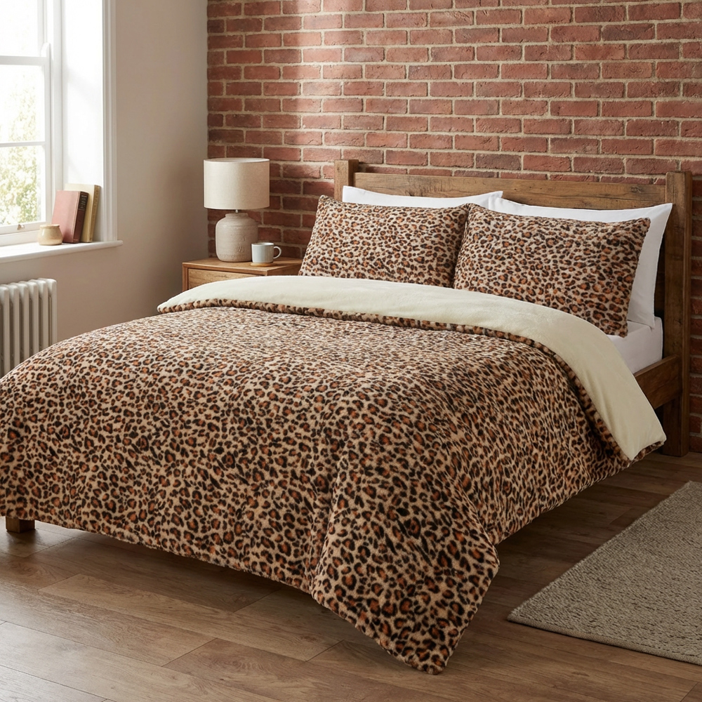 Leopard Print Faux Fur Duvet Set Brown Image 5