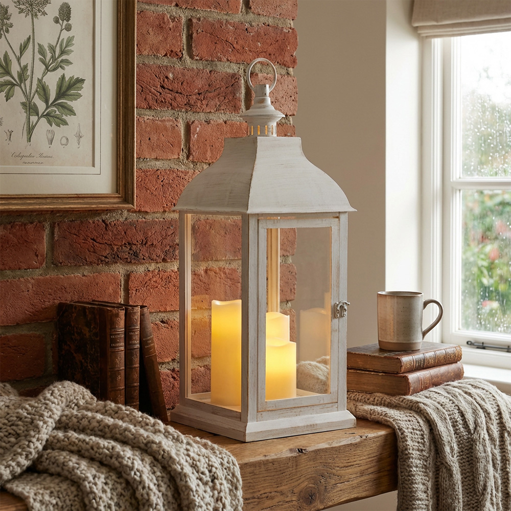 White Washed Triple LED Lantern Image 7