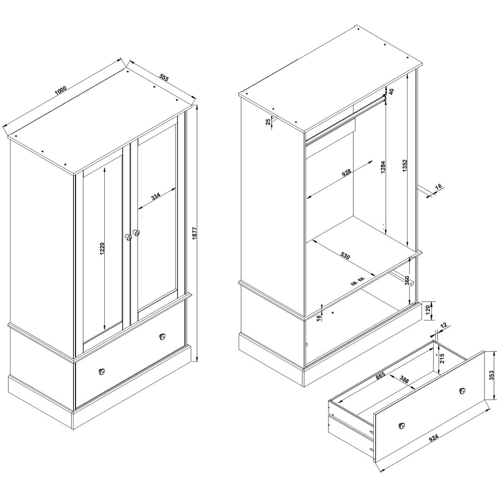 Core Products Cotswold 2 Door Single Drawer Mirror Wardrobe Image 8