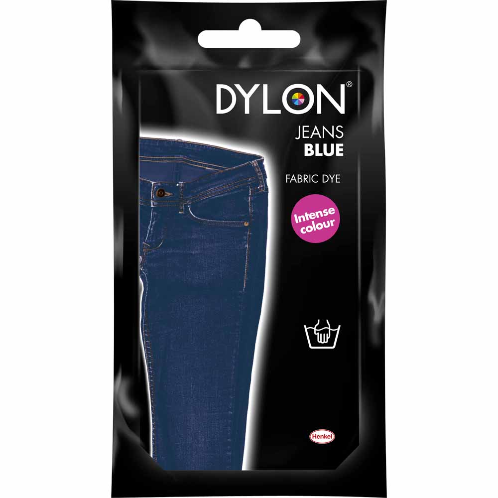 Dylon Blue Jeans Hand Dye 50g  - wilko Dylon Hand Dye is ideal for dyeing smaller items, delicate items such as wool and silk and for crafts such as tie-dye. Use by hand in warm water to give strong, permanent colour to natural fabrics. This pack is bursting with a whole spectrum of ideas, and with Dylon you have all the colours of the rainbow to choose from. So, wake up your wardrobe, revive a faded scarf or brighten some cushion covers with colour, ease and permanent results you?ll be proud of! This shade will always have an air of classic, chic sophistication. You'll also need 250g of ordinary salt (not included). 1 pack dyes up to 250g fabric (e.g. shirt) to full shade or larger amounts to lighter shade. Not suitable for pure polyester, acrylic, nylon and fabric with special finishes. Colour mixing rules apply (e.g. blue on red gives purple). Warning: Always read instructions. Irritant. May cause an allergic reaction. Keep out of reach of children. Directions for use: Weigh dry fabric, wash thoroughly. Leave damp. Using rubber gloves, dissolve dye in 500ml warm water. Fill bowl/stainless steel sink with approx 6 litres warm water (40°C). Stir in 250g (10tbsp) salt. Add dye & stir well. Submerge fabric in water. Stir for 15mins, then stir regularly for 45mins. Rinse fabric in cold water. Wash in warm water & dry away from direct heat & sunlight. Requires 250g salt.