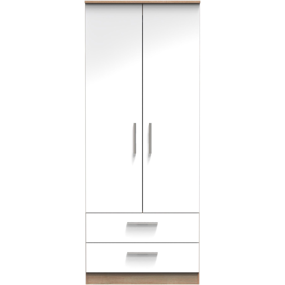 Crowndale Contrast 2 Door 2 Drawer White and Bardolino Oak Tall Wardrobe Ready Assembled Image 2
