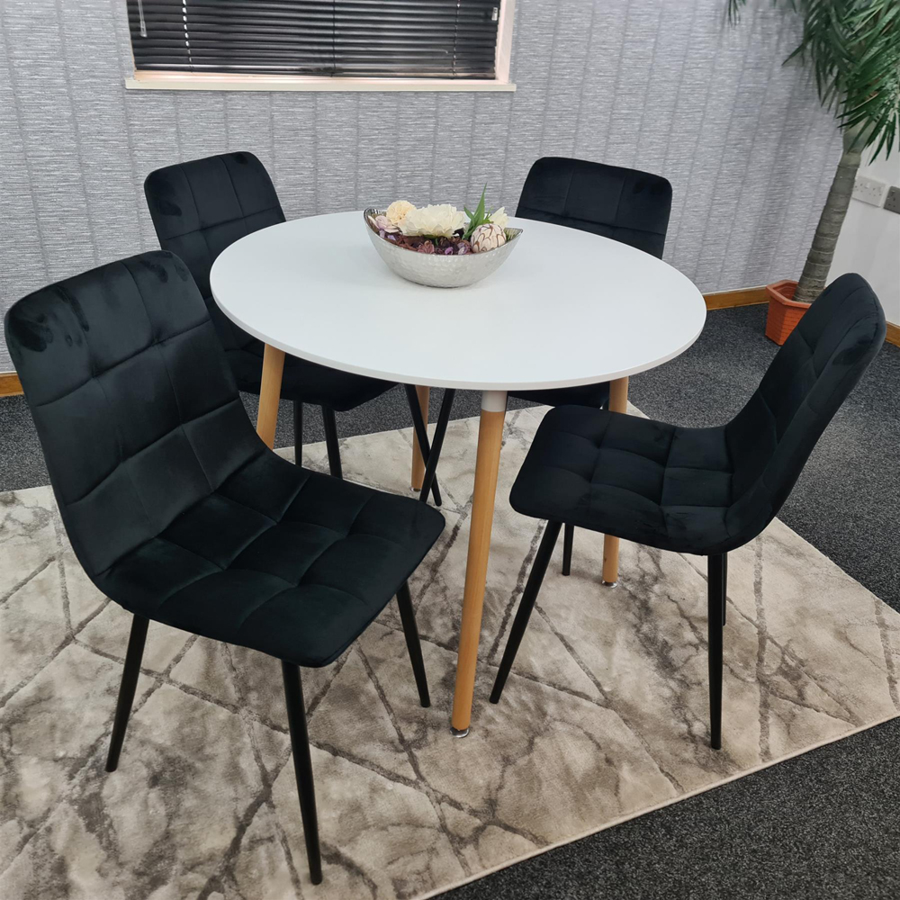 Portland 4 Seater Round Wood Velvet Dining Set White and Black Image 1
