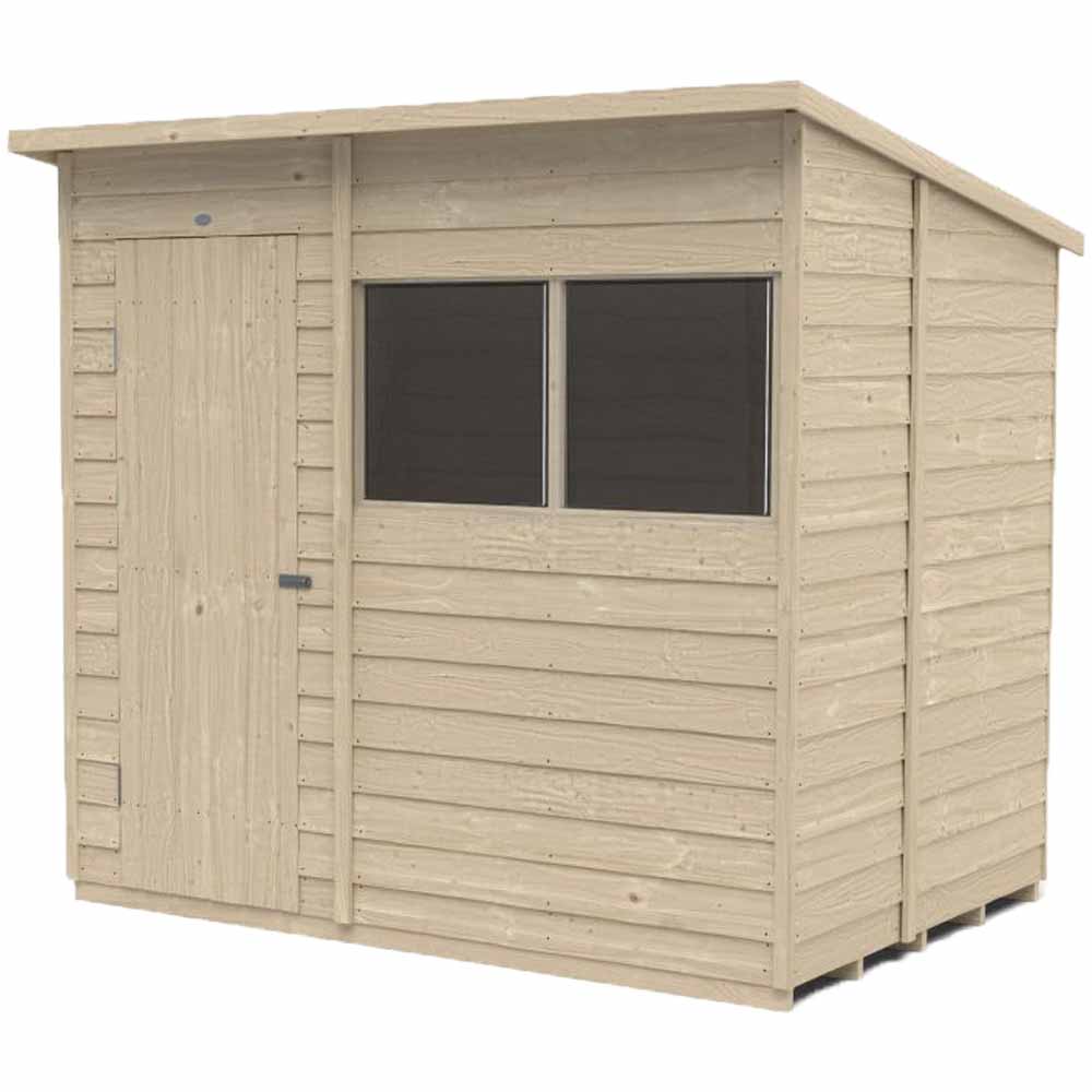 Forest Garden 7 x 5ft Overlap Pressure Treated Pent Garden Shed  - wilko This Overlap Pressure Treated 7x5 Pent Shed from Forest will help keep you garden clutter free and offers a secure space for you to store garden equipment, it features a pent roof which creates more room at the front, with generous headroom you can move around easier and store more. This shed also makes an ideal potting shed. The shed's improved design features smaller sections, making it easier to handle and easy to assemble. The shed has been constructed using straight cut boards that overlap, which aids water run-off and allows for natural movement of the timber so it can adapt to the changing weather conditions. The shed comes with a solid timber floor which is much stronger than more common OSB. You can support heavier items such as lawnmowers or a potting bench. With more timber and increased framing these are the best overlap sheds we've ever made. For added strength and security the shed has additional framing for a strong construction, the door is braced with double “Z” framing and features hidden door hinges. It can be secured with the hasp and staple latch for increased security (padlock not included). The two fixed windows are made from shatterproof PET glazing, which will not become yellow or brittle over time. The shed is flexible and allows you to choose if you want the door to the left or right of the shed. Due to the Pressure Treatment of this shed it is guaranteed against rot for 15 years. These garden sheds are manufactured in the UK with FSC certified timber. The smooth-planed barge board and black sand felt roof give this shed an attractive finish. All fixtures, fittings, felt needed to build this 7x5 shed are included, along with easy to follow instructions.