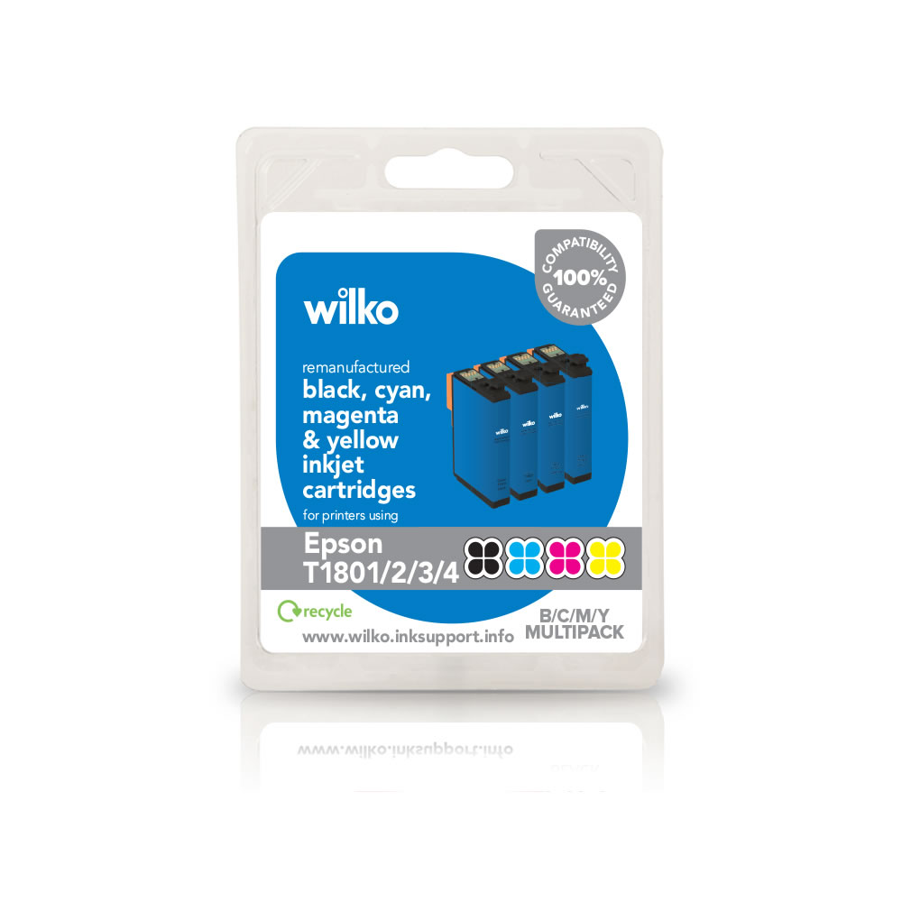 Wilko Remanufactured Epson T1806 Black, Cyan, Magenta and Yellow Ink Cartridge Multipack Image 1