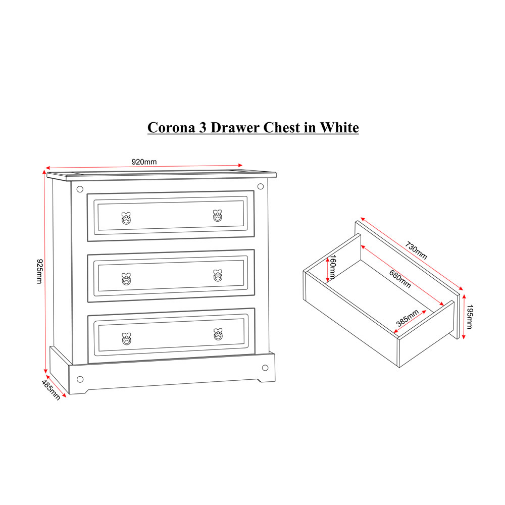 Corona White Pine 3 Drawer Chest of Drawers Image 3