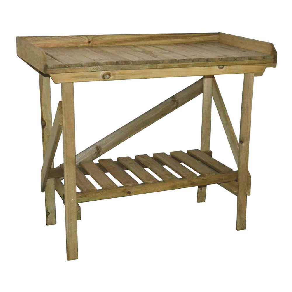 Forest Garden Potting Bench  - wilko Specially designed for planting, the Forest Potting Bench features an additional shelf below the main table top for handy storage of plants, pots or gardening tools. The compact size of this potting bench makes it perfect for gardens where space is at a premium. To ensure the bench is protected from rot and fungal decay, the timber used to manufacture it has been Pressure Treated to give it a 15 year guarantee. It has also been smooth-planed to give it an all over splinter free finish. Additional support beams provide extra strength and stability for the potting bench. Delivered to you flat packed with easy to follow step-by-step instructions and all the fixings you need for a simple build.