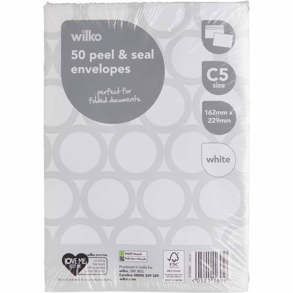 Wilko C5 White Peel and Seal Envelopes 162mm x 229mm 50 Pack Image 1