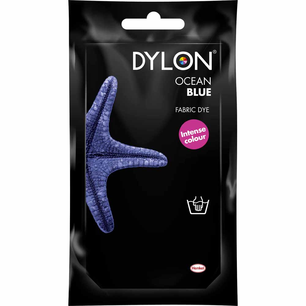 Dylon Ocean Blue Hand Fabric Dye 50g  - wilko Dylon Hand Dye is ideal for dyeing smaller items, delicate items such as wool and silk and for crafts such as tie-dye. Use by hand in warm water to give strong, permanent colour to natural fabrics. This pack is bursting with a whole spectrum of ideas, and with Dylon you have all the colours of the rainbow to choose from. So, wake up your wardrobe, revive a faded scarf or brighten some cushion covers with colour, ease and permanent results you?ll be proud of! This shade will always have an air of classic, chic sophistication. You'll also need 250g of ordinary salt (not included). 1 pack dyes up to 250g fabric (e.g. shirt) to full shade or larger amounts to lighter shade. Not suitable for pure polyester, acrylic, nylon and fabric with special finishes. Colour mixing rules apply (e.g. blue on red gives purple). Warning: Always read instructions. Irritant. May cause an allergic reaction. Keep out of reach of children. Directions for use: Weigh dry fabric, wash thoroughly. Leave damp. Using rubber gloves, dissolve dye in 500ml warm water. Fill bowl/stainless steel sink with approx 6 litres warm water (40°C). Stir in 250g (10tbsp) salt. Add dye & stir well. Submerge fabric in water. Stir for 15mins, then stir regularly for 45mins. Rinse fabric in cold water. Wash in warm water & dry away from direct heat & sunlight. Requires 250g salt.