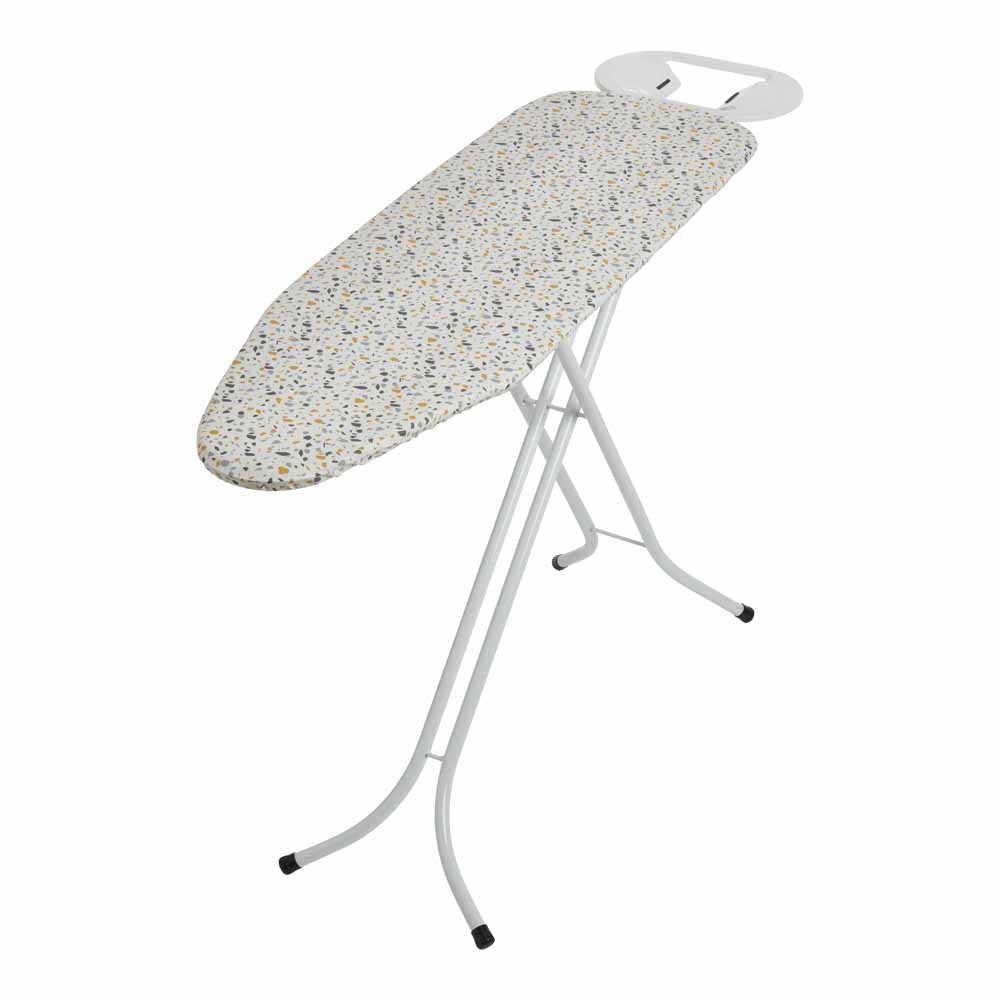 Wilko Small Ironing Board 110 x 32cm Small ironing board with 3 manually adjustable height positions. Mesh platform allows moisture to escape ensuring a dry ironing surface. Iron rest. 100% cotton cover. Covers assorted. Colours and designs may vary. Wilko Small Ironing Board 110 x 32cm