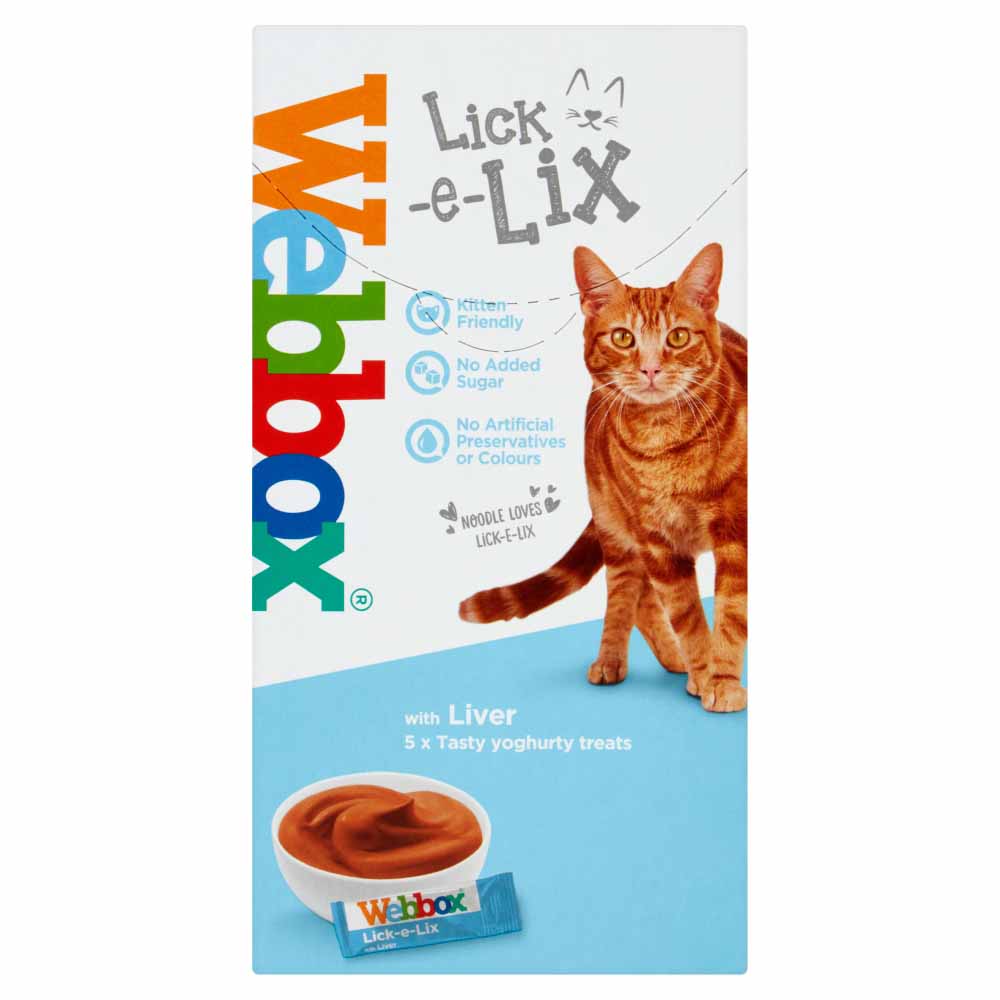 Webbox Lick-e-Lix Liver Yoghurty Treat 5x10g  - wilko Webbox Lick-e-Lix with Liver Tasty Yoghurty Treats are perfect served as a treat or topper for biscuits or meat. Pack contains 5 x 10g sachets.  Feeding Guidelines: Weight of cat: 2kg, Sachets per day: 1 Weight of cat: 4kg, Sachets per day: 1-2 Weight of cat: 6kg, Sachets per day: 2 Fresh drinking water should be provided at all times. The quantities shown above should be used as a guideline only. Please adjust the amount given to keep your cat or kitten in a lean, active condition. Caution: Always supervise you cat or kitten when feeding treats. Composition: Meat and Animal Derivatives (30% of which 25% Liver), Derivatives of Vegetable Origin, Milk and Milk Derivatives, Oils and Fats Analytical Constituents: Crude Protein: 7.5%, Crude Fat: 3.5%, Crude Fibre: 0.3%, Crude Ash: 2%, Moisture: 82%, Calorie Content: 11.5kcal per Sachet Free From: Artificial Colours, Artificial Preservatives Unopened, store in cool dry conditions away from direct sunlight. One Sachet has been opened store in the refrigerator and use within 48 hours.