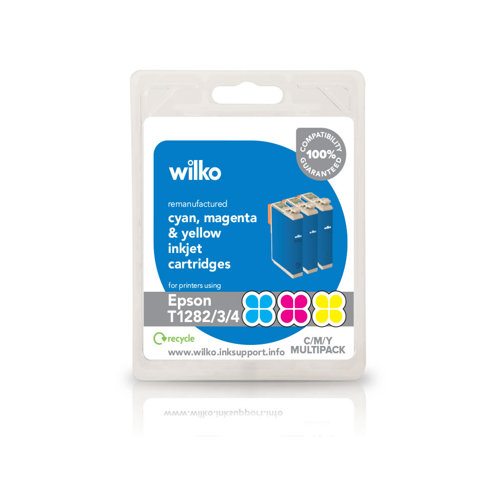 Wilko Remanufactured Epson T1282/3/4 Cyan Magenta and Yellow Inkjet Cartridge Multipack Our remanufactured inkjet cartridges in cyan, magenta and yellow give you bright, vibrant colours, and the perfect print every single time!   Here's the full list of printers that this cartridge will work with: Stylus Office BX305F, Stylus Office BX305FW/Plus, Stylus S22, Stylus SX125, Stylus SX130, Stylus SX230, Stylus SX235W, Stylus SX420W, Stylus SX425W, Stylus SX430W, Stylus SX435W, Stylus SX438W, Stylus SX440W, Stylus SX445W.  Before purchasing, check that this cartridge is compatible with your printer. Don't forget to recycle your old inkjet cartridge! When you order a new Wilko cartridge, we'll send you a freepost envelope - pop in your old cartridge and send it off to The Recycling Factory. They'll make a donation of £1 to Wilko's local charities for every inkjet cartridge successfully recycled. Please see www.therecyclingfactory.com for a full list of recyclable items.   If you need any support when installing your cartridge, we're here to help. Call our dedicated free phone helpline on 0800 091 0083, lines open Monday - Friday 9am-5pm. You can also visit the Wilko Ink Support website www.wilko.inksupport.info for more information.