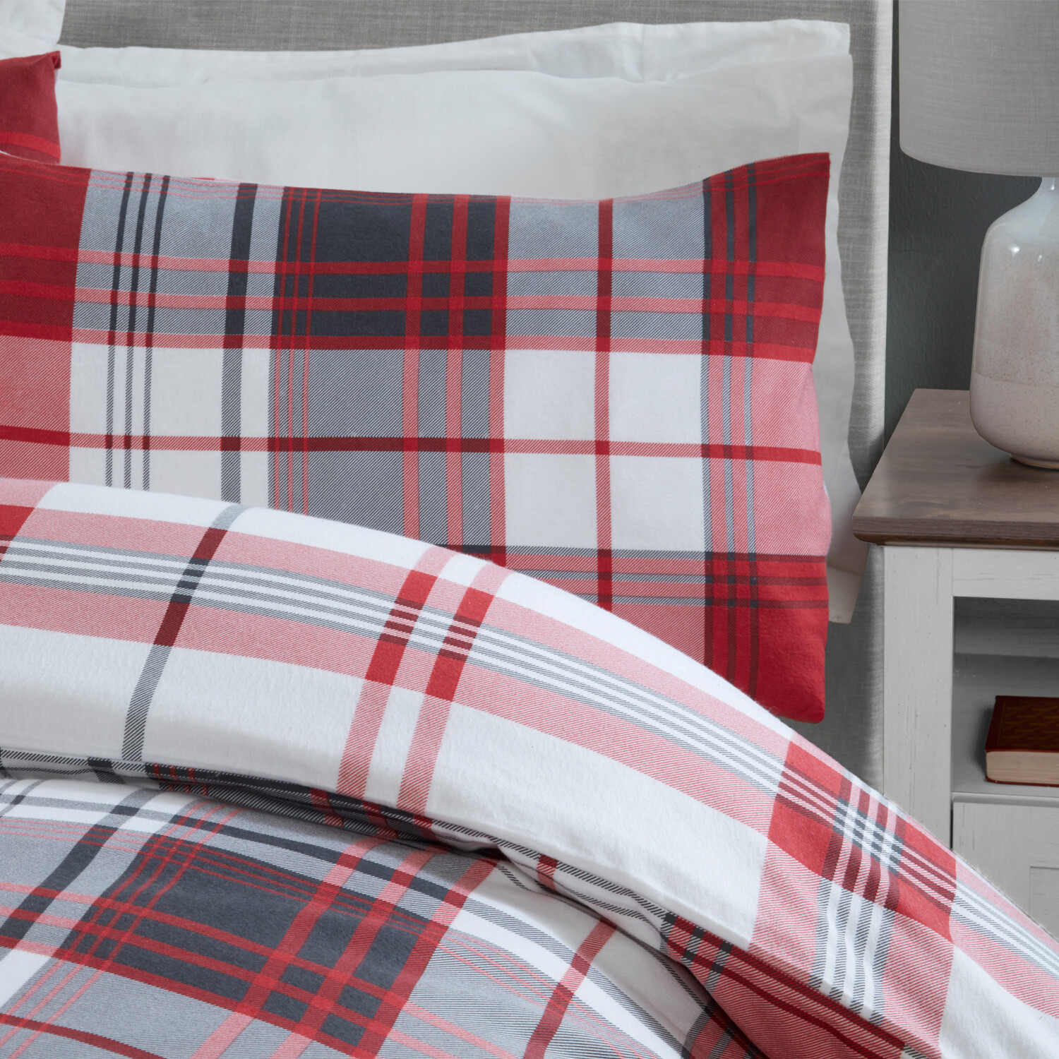 Hamilton Grey Check Duvet Cover and Pillowcase Set - Red / Super King size Image 5