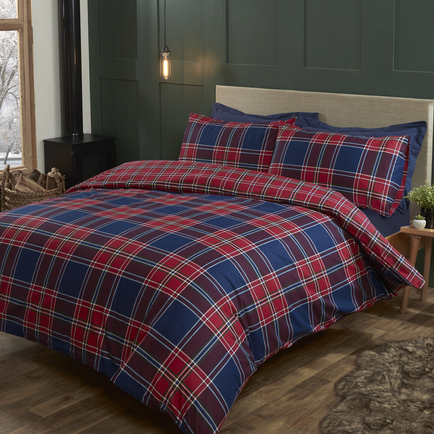 Kinross Check Duvet Cover and Pillowcase Set - Red/Blue / Double Image 2