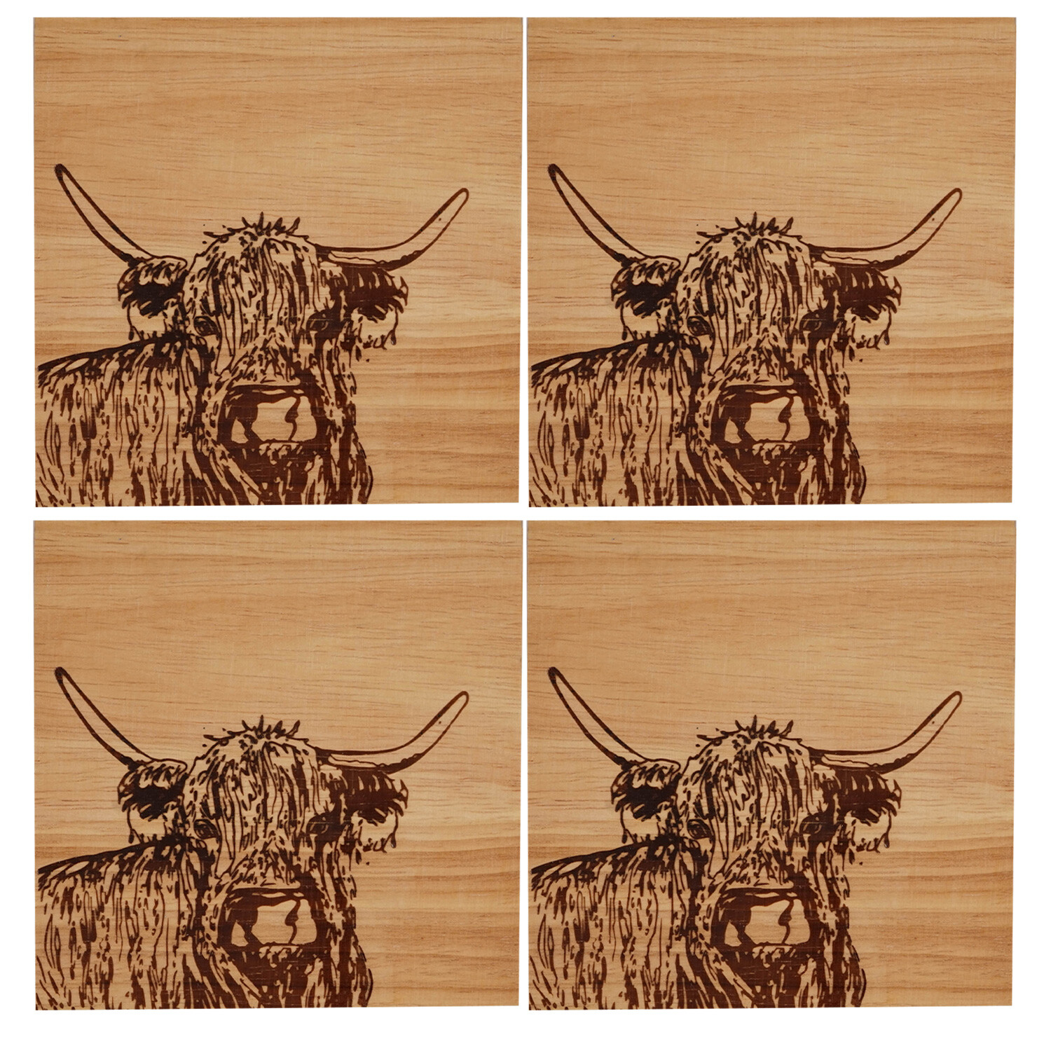 Pack of 4 Highland Cow Oak Coasters - Oak Image 2