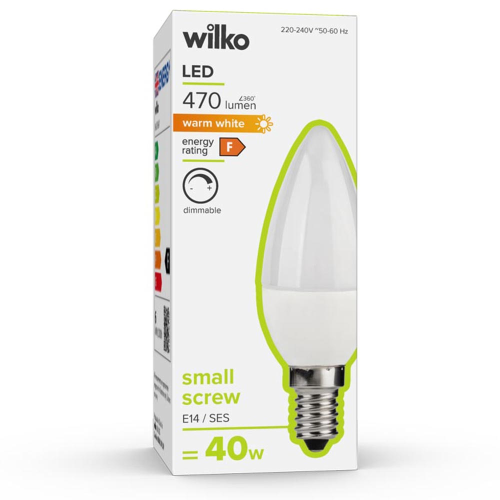 Wilko 1 pack Small Screw E14/SES LED 6W 470 Lumens Dimmable Candle Light Bulb Image 1