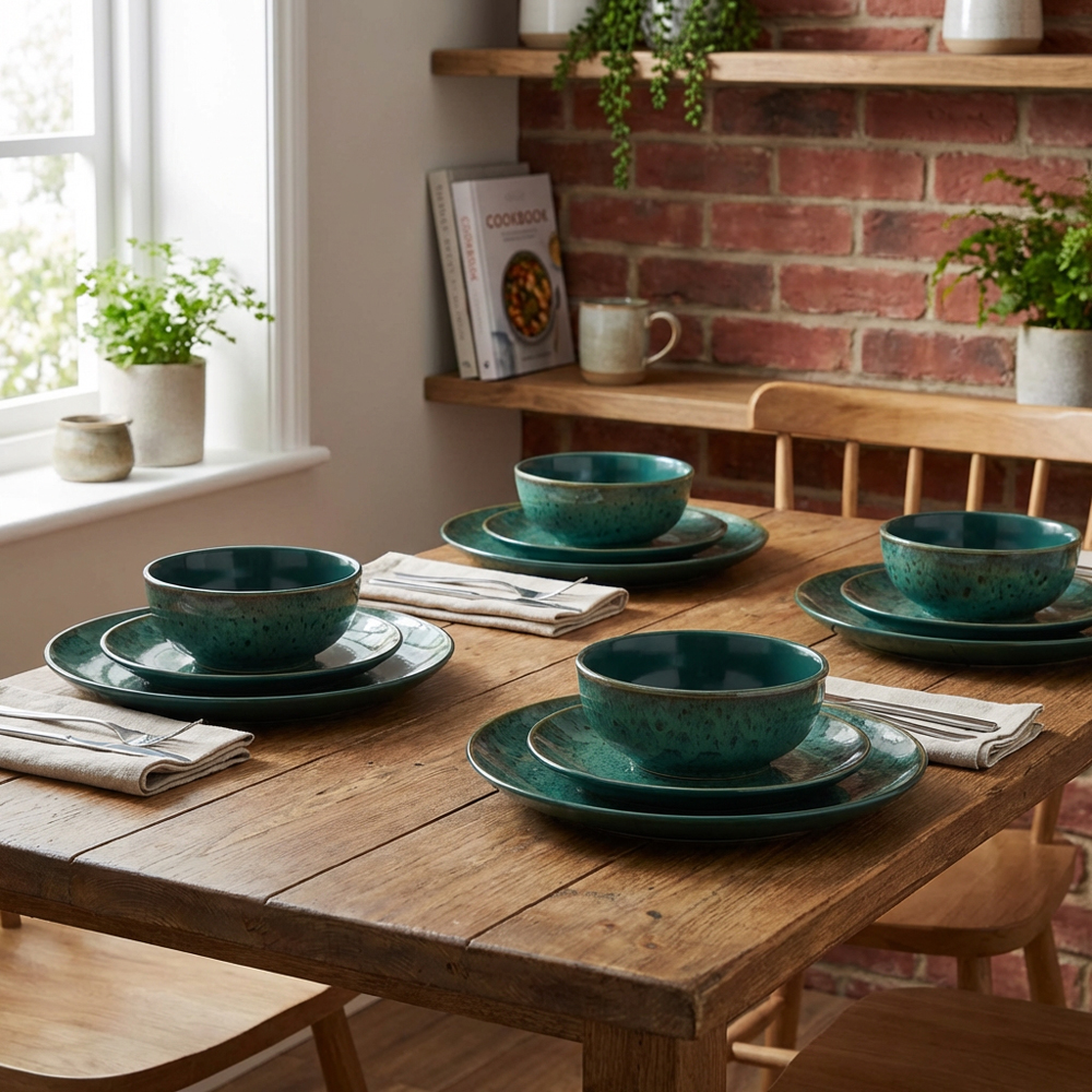 12 Piece Bottle Green Stoneware Dinner Set - Bottle Green Image 7