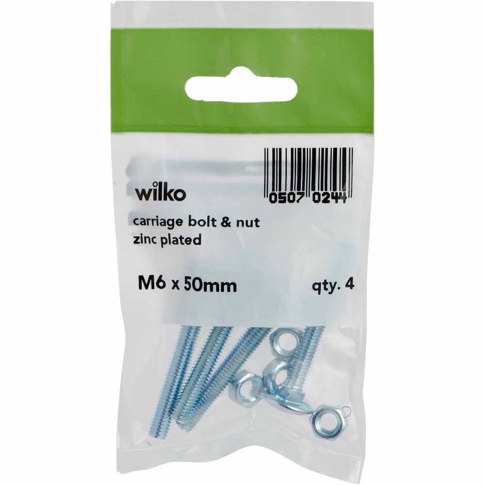Wilko M6 x 50mm Carriage Bolts and Nuts 4 Pack Image