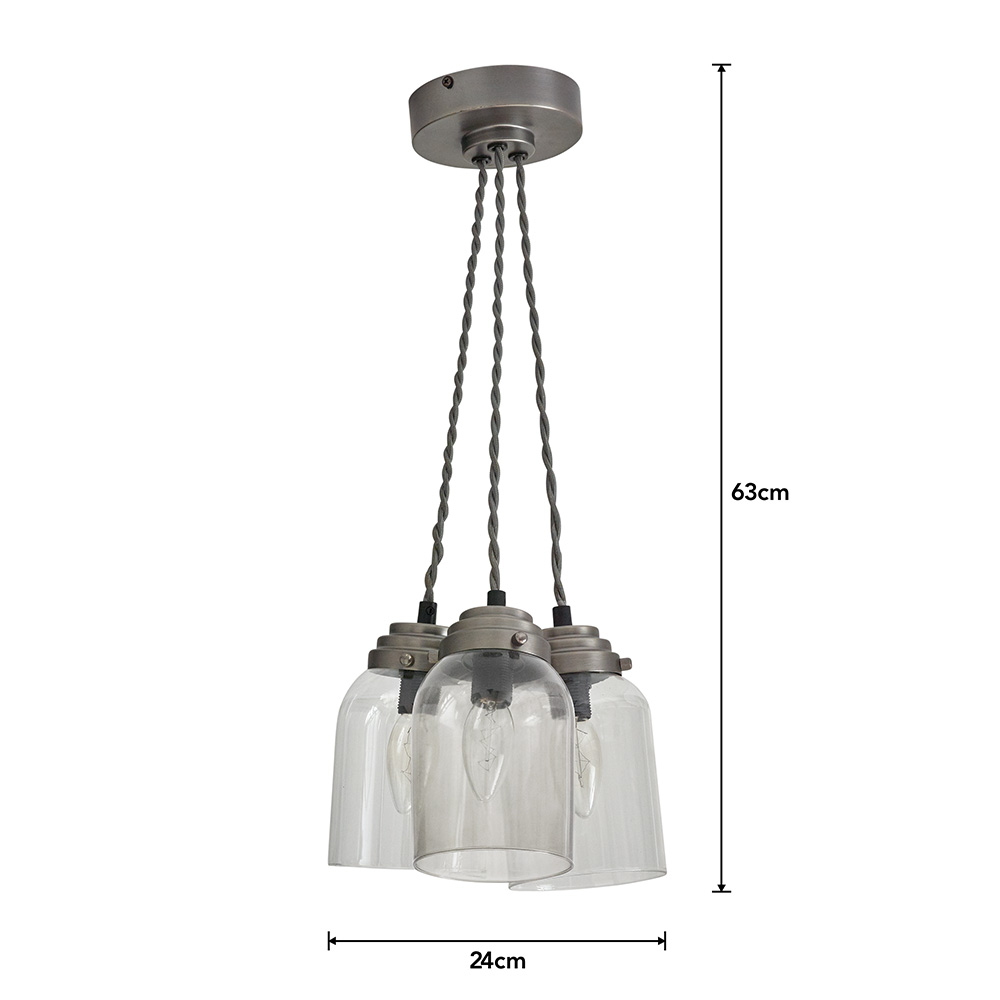 Wilko Pewter Triple Glass Pewter Industrial Pendant Light Shade Image 6