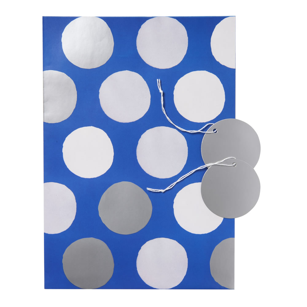 Wilko Blue and Silver Polka Dot Gift Wrap 2 Sheets and 2 Tags Image