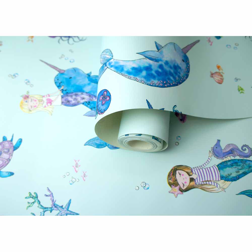 Narwhals and Mermaids Teal Wallpaper Image 3