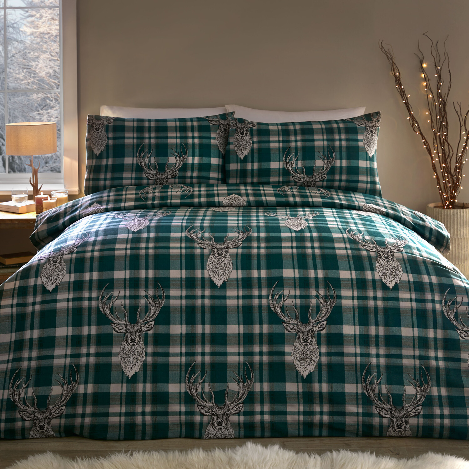 Divante King Green Moorland Stag Check Duvet Cover and Pillowcase Set Image 1