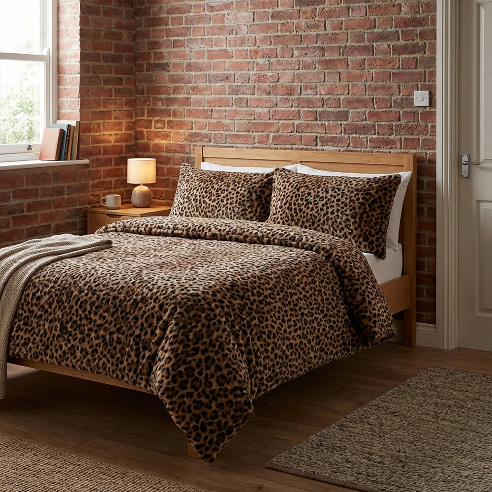 Leopard Print Faux Fur Duvet Set Brown Image 7
