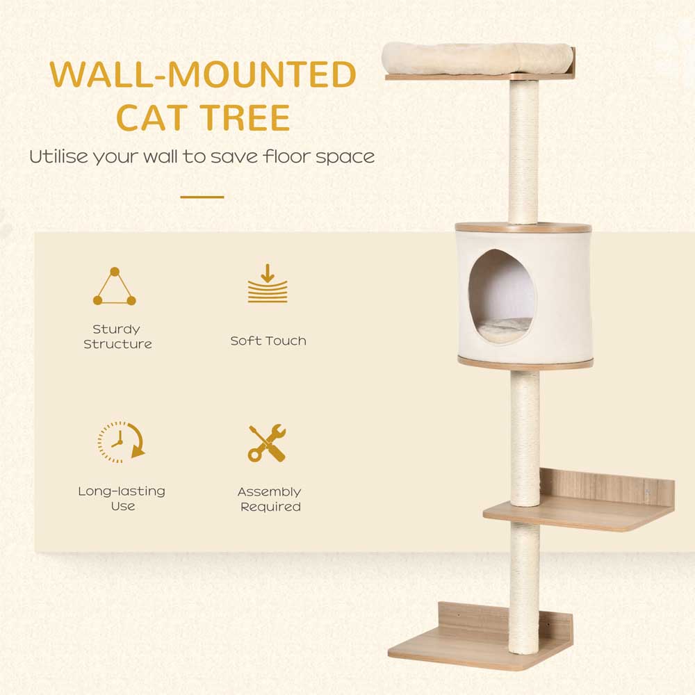 PawHut Wall-Mounted Cat Tree Shelter w/ Cat House, Bed, Scratching Post - Beige Image 7