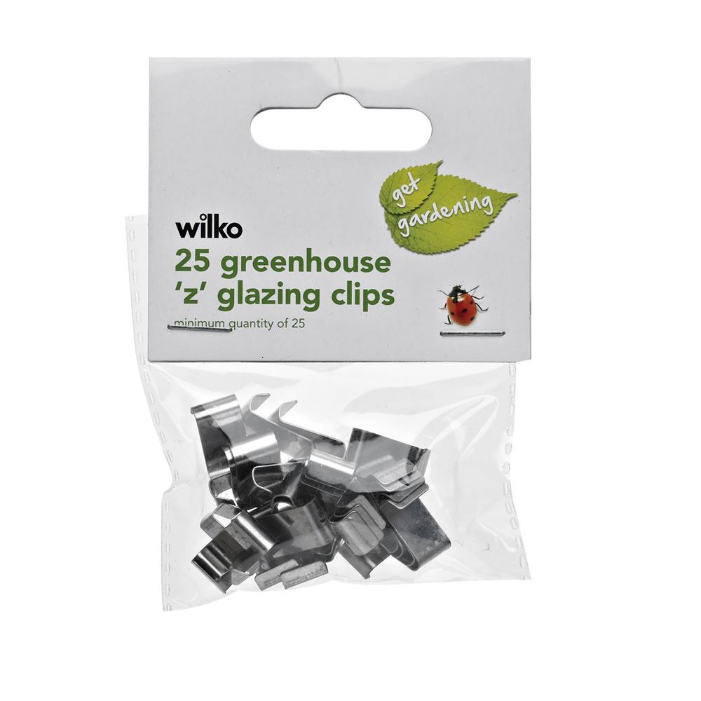 Wilko 25 pack Greenhouse Z Glazing Clips  - Garden & Outdoor Our 'Z' Glazing Clips 25 Pack is essential when replacing broken panes in your greenhouse or for carrying out general maintenance. Always follow instructions before use. Wilko 25 pack Greenhouse Z Glazing Clips