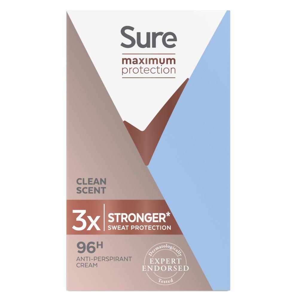 Sure Women Everyday Fresh Anti-Perspirant Cream 45ml  - wilko Sure Maximum Protection Clean Scent Cream Stick Anti-Perspirant provides you with powerful protection against sweat and odour with Tri-solid formula. Sure antiperspirant technology eliminates odour and leaves a clean, fresh fragrance. This powerful antiperspirant cream deodorant comes in an easy to apply cream stick format. The unique blend of skin moisturising ingredients in this deodorant makes it gentle enough for everyday use. Dermatologically tested. Sure Women Everyday Fresh Anti-Perspirant Cream 45ml