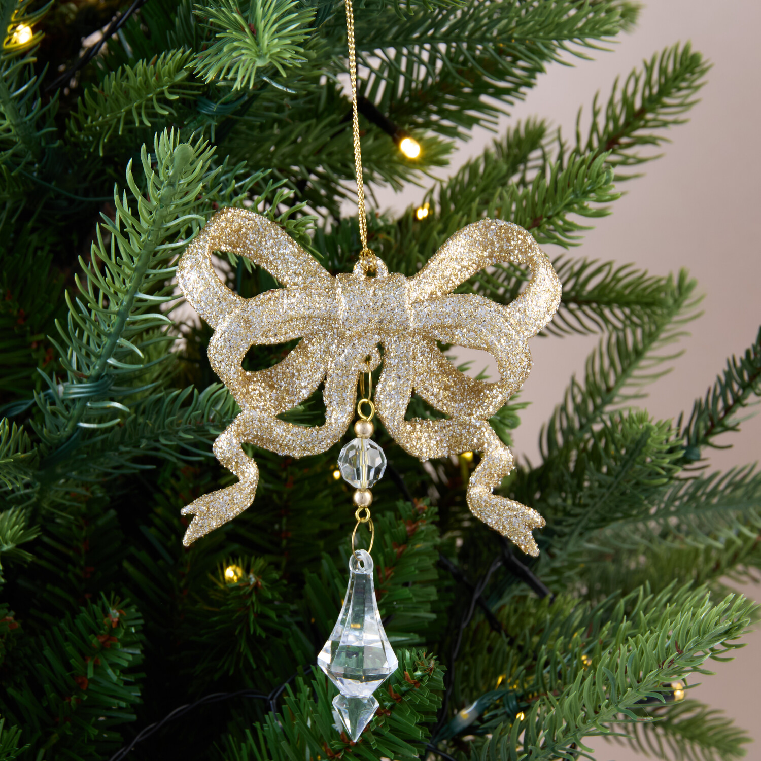 Glitter Bow with Droplet Hanging Decoration Gold Image 2