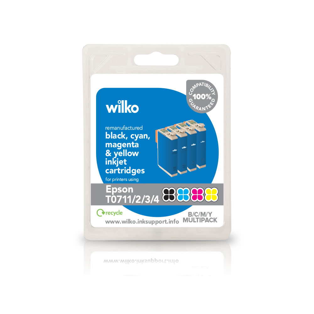 Wilko Remanufactured Epson T0711/2/3/4 Black, Cyan Magenta and Yellow Inkjet Cartridge Multipack Our remanufactured ink cartridges are compatible with Epson T0711/T0891,2,3  4, B/CM/Y and also suitable for stylus printers. Pack contains 1x 7.4ml black and 3x 5.5ml colour cartridges, giving you sharp blacks and bright, vibrant colours, for the perfect Wilko Remanufactured Epson T0711/2/3/4 Black, Cyan Magenta and Yellow Inkjet Cartridge Multipack