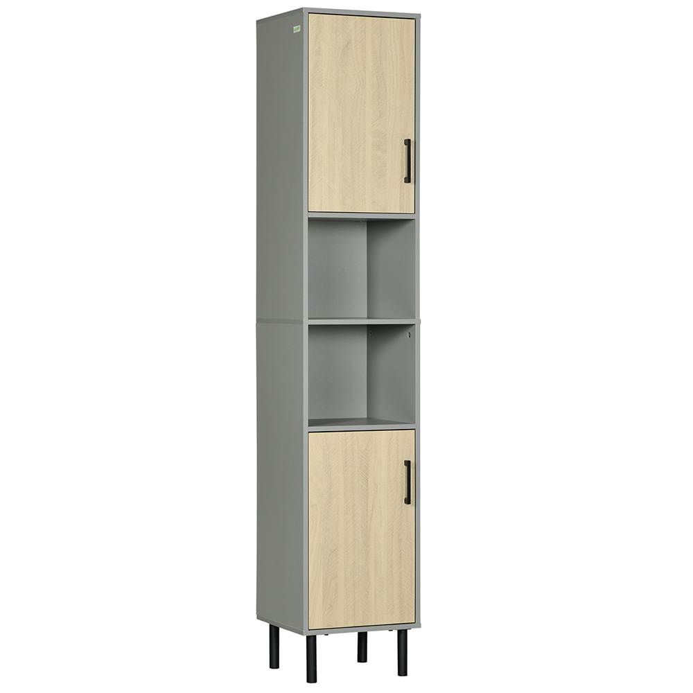 Kleankin Grey and Natural 2 Door 2 Shelf Tall Floor Cabinet Image 2