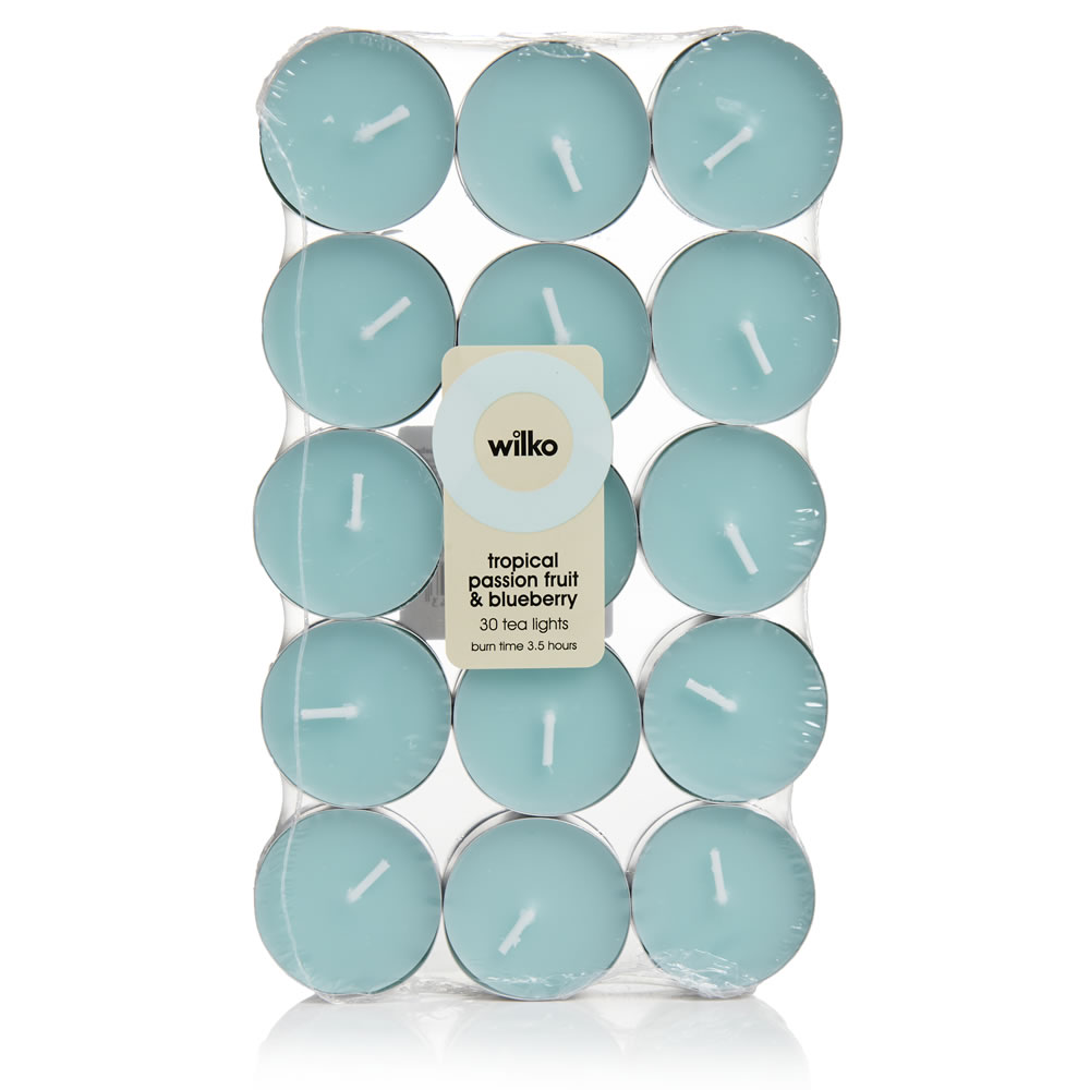Wilko Tropical Passion Fruit and Blueberry Scented  Tealights 30 pack Image
