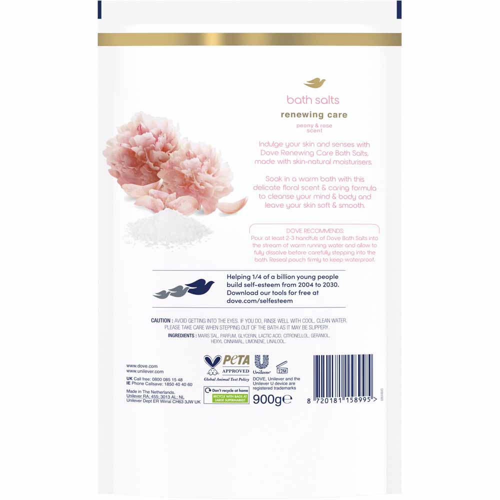 Dove Peony and Rose Renewing Care Bath Salts Case of 4 x 900g Image 4